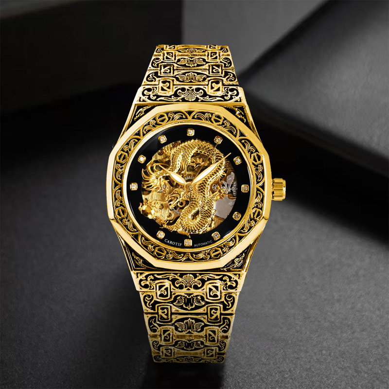 Luxury Watch Gold And Black - Um relógio mecânico automático poligonal masculino