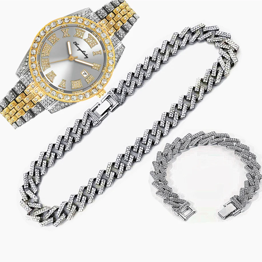 3 pçs luxo iced out relógio pa - Luxury Watch Miami avaliação e preço