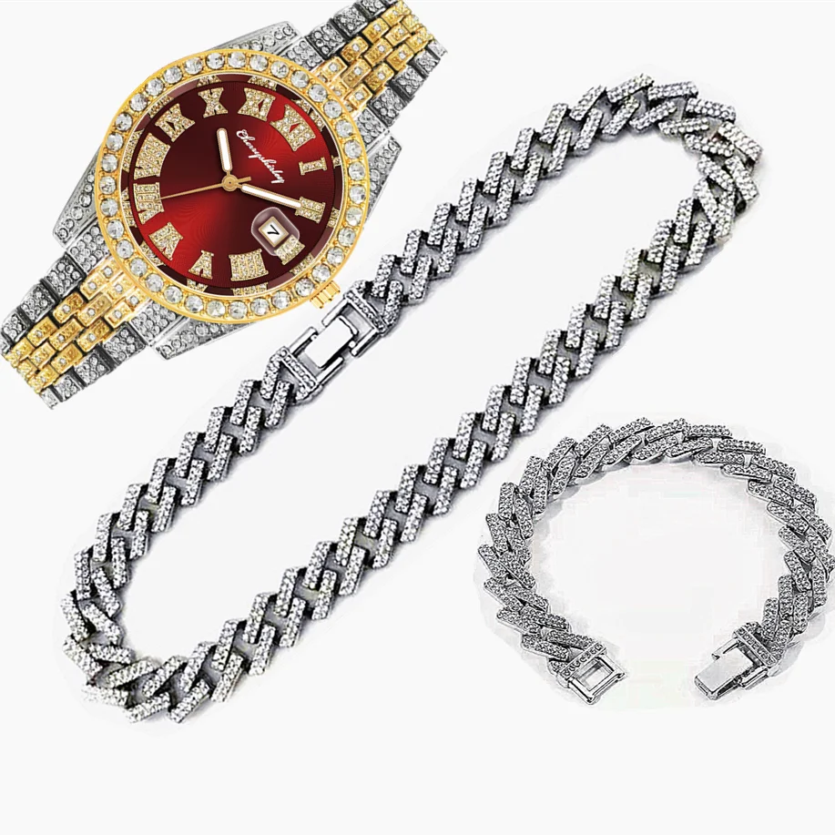 3 pçs luxo iced out relógio pa - Luxury Watch Miami avaliação e preço