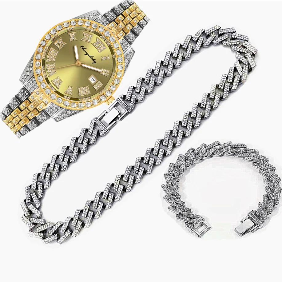 3 pçs luxo iced out relógio pa - Luxury Watch Miami avaliação e preço